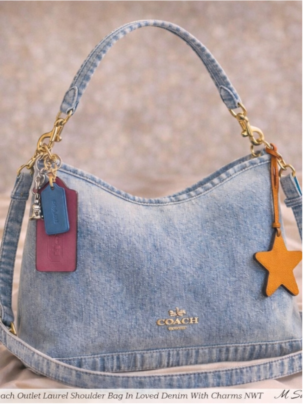NEW Coach Laurel Shoulder Bag In Loved Denim With Charms NWT